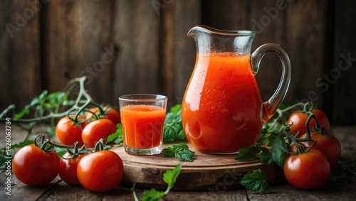 Fresh organic tomato juice served in a glass jar on a rustic wooden table