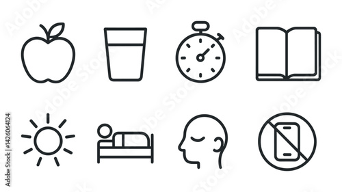 Daily health and wellness icons set: linear style symbols for healthy living activities