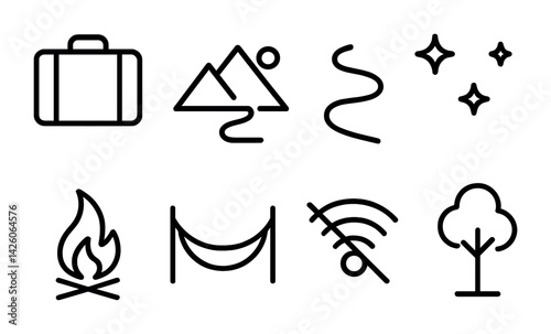 Minimalist camping icons set: outline style for outdoor adventure