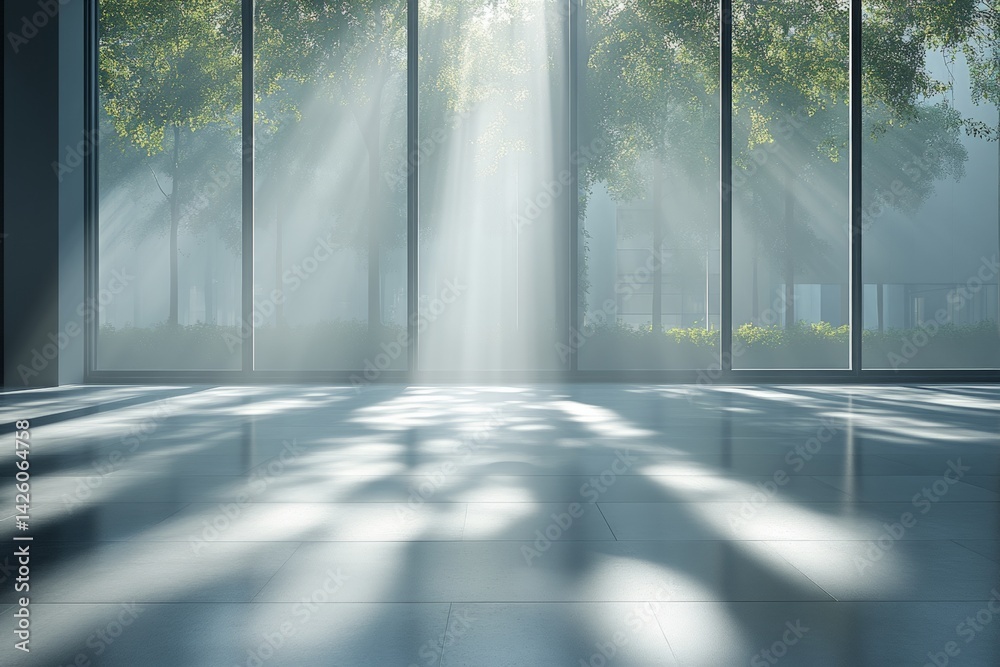 Sunlight illuminating an indoor space with reflections and greenery in the background during the morning hours Sunlight illuminating an indoor space with reflections and greenery in the background during the morning hours