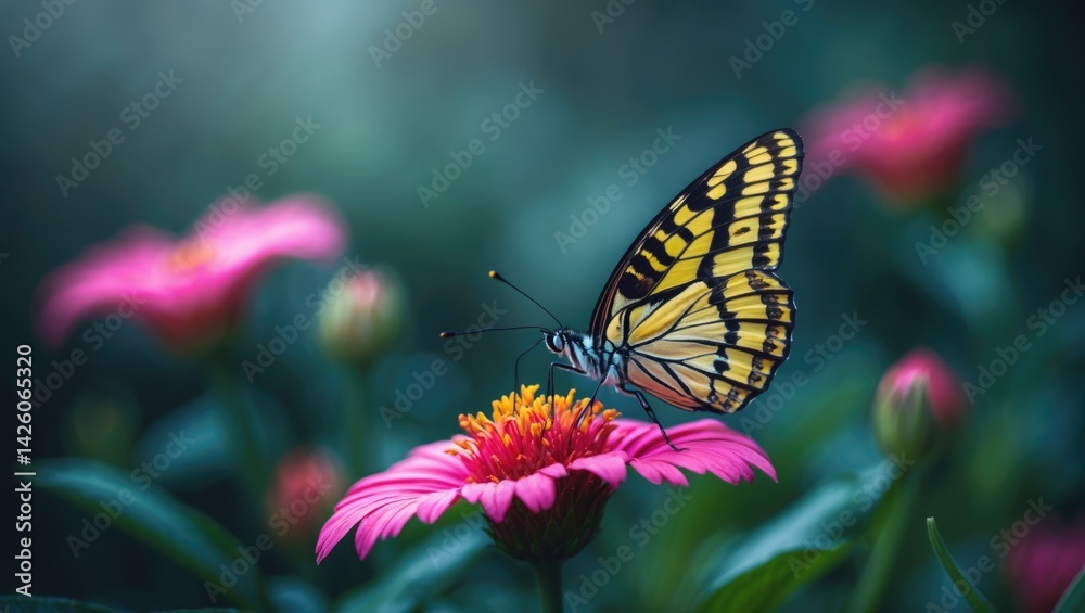 Fototapeta premium Colorful butterfly soaring over a vibrant pink bloom in a summer garden