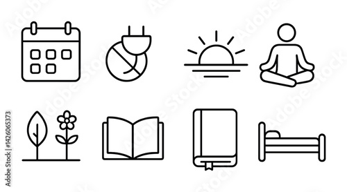 Minimalist daily routine icons set in linear style for productivity and wellness