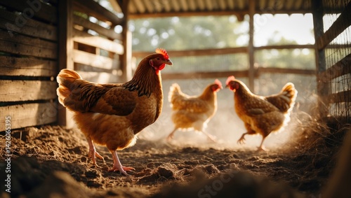 One domestic chicken stands still as the flock moves quickly with motion blur outdoors