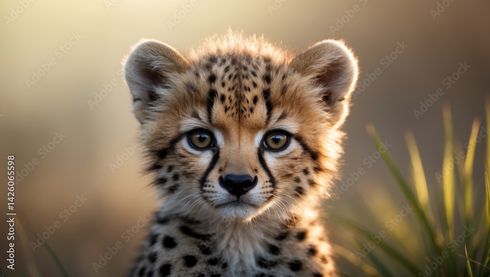 Close-up of a small cheetah cub with an adorable face gazing into the camera against a smooth background Close-up of a small cheetah cub with an adorable face gazing into the camera against a smooth background