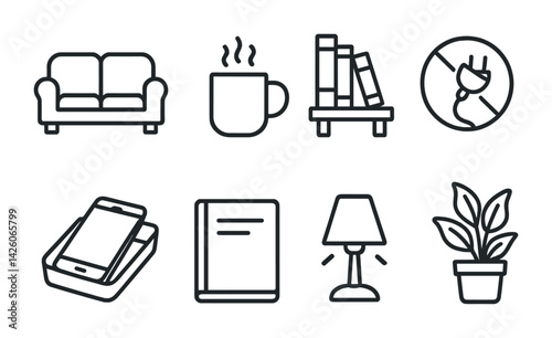 Set of linear home essentials icons: sofa, coffee, bookshelf, charging, book, lamp, plant