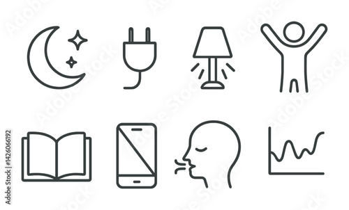 Nighttime essentials icon set: linear style for bedtime and evening routines