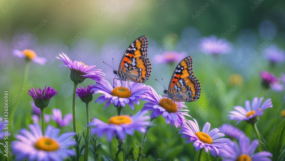 Obraz premium Beautiful summer floral background with daisies, violets, and butterflies on a sunny day near Baikal Lake's coast