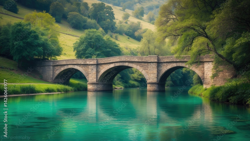 Fototapeta premium A tranquil river moves softly beneath a solid bridge, its arches mirrored flawlessly on the still, transparent water.