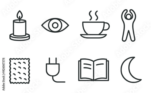 Minimalist line icons set: candle, eye, cup, person, biscuit, plug, book, moon