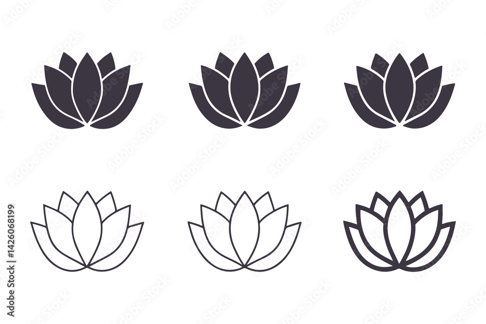 Fototapeta premium Lotus Flower Silhouette and Outline Collection. Minimalistic Black and White Floral Icons with Elegant Petal Designs, Perfect for Logos, Clipart, and Decor Vector Clipart Template.