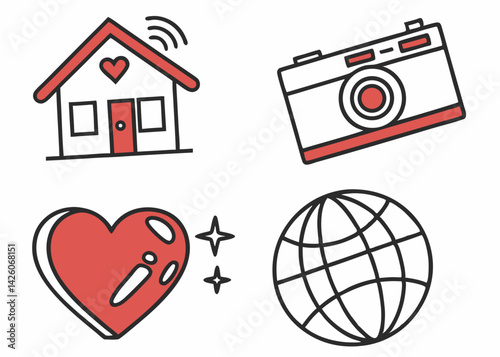 Home and travel themed icons with hearts and camera