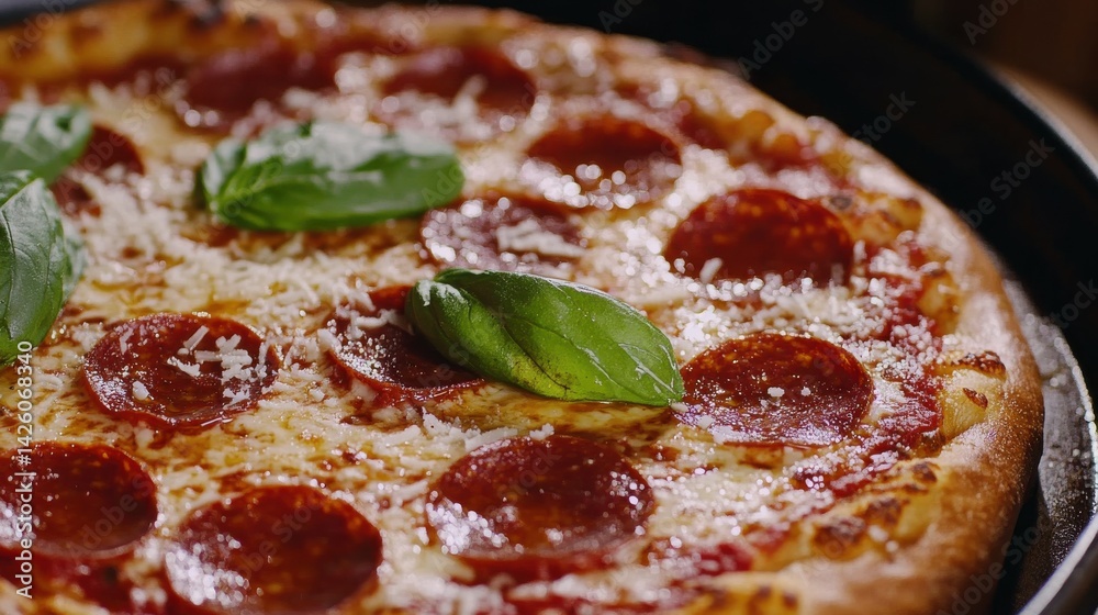 Pepperoni Pizza Served with Parmesan and Basil Garnish Pepperoni Pizza Served with Parmesan and Basil Garnish