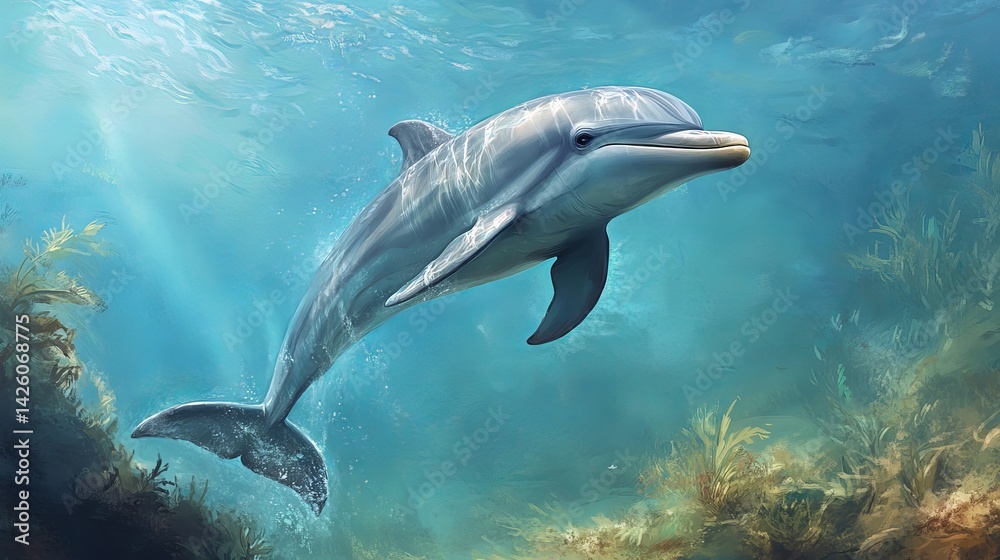 Naklejka premium Majestic Bottlenose Dolphin Underwater Scene Ocean Wildlife Aquatic Animal Graceful Marine Life Swimming Underwater Sunlight Rays Peaceful Serene Tranquil Blue Water Deep Sea Ocean Habitat Natural 
