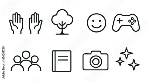 Essential outline icon set: lifestyle and leisure symbols collection