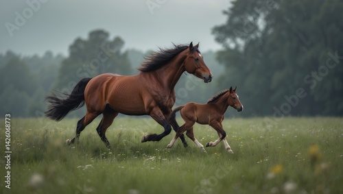 A mare and her little foal race across a green pasture