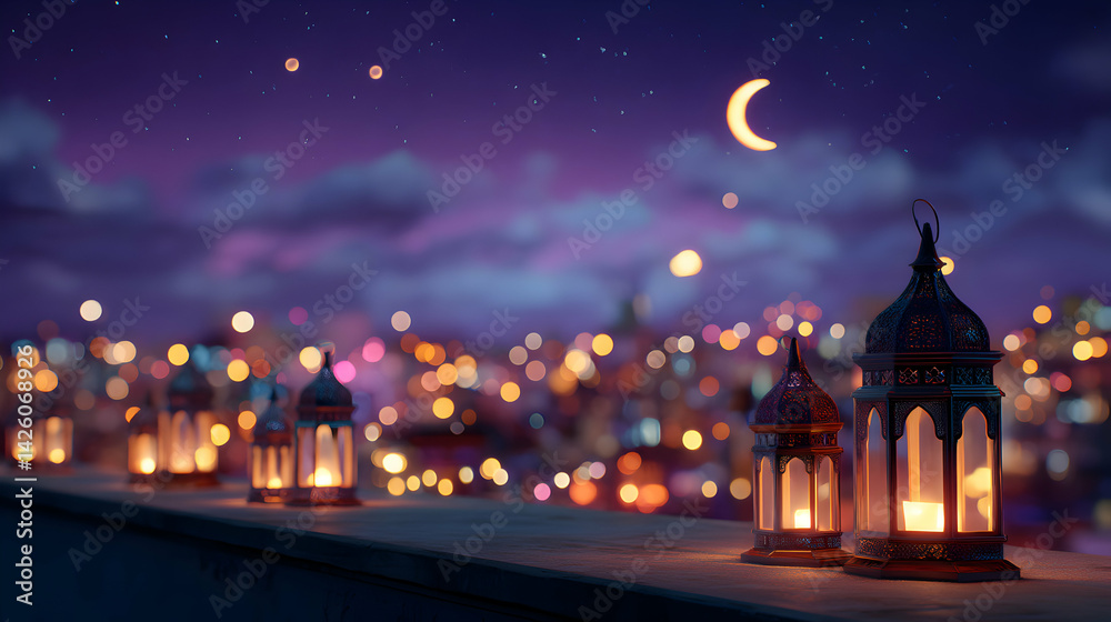 Naklejka premium Nighttime serenity with crescent moon, festive lanterns, and a cityscape panorama backdrop
