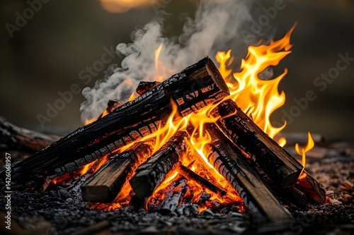 The campfire is burning, the fire is clearly visible and bright, there is smoke from the remaining wood burning high resolution 4k ai generated