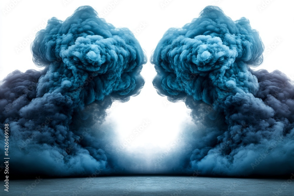White background with blue smoke clouds on the right side, creating an abstract background. The white sky creates space for text or decoration in the center of the frame. Blue fog forms a border White background with blue smoke clouds on the right side, creating an abstract background. The white sky creates space for text or decoration in the center of the frame. Blue fog forms a border