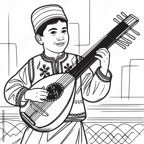 Detailed line art of a young Kazakh boy dressed in traditional attire playing a two stringed dombra lute with a joyful face representing cultural heritage and music