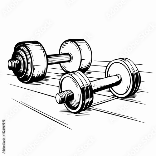 Two dumbbells resting on a gym floor in a minimalistic style representing strength training and fitness motivation.