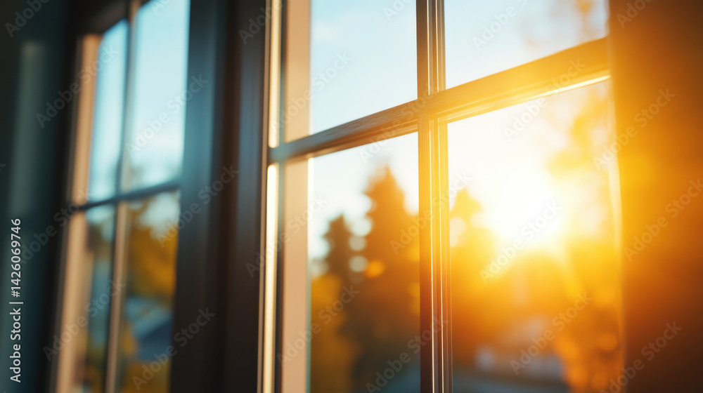 Fototapeta premium beautiful sunrise is seen through window frames, casting warm light into room, creating serene and inviting atmosphere. soft glow enhances peaceful morning scene