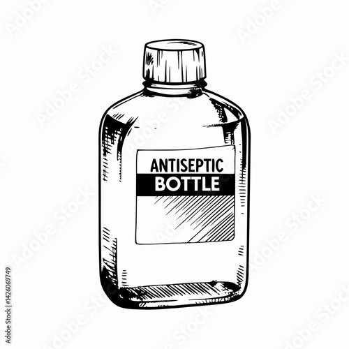 Antiseptic Bottle Illustration: Simple Design, Clear Label, Transparent Bottle, Emphasizes Health and Hygiene Importance in Everyday Life