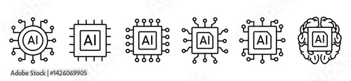 Ai chip icon set. computer microchip vector symbol. semiconductor micro chip hardware sign. robot brain artificial intelligence processor vector icons pack.