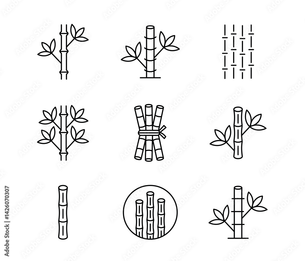 Fototapeta premium A set of vector icons representing bamboo plants and stems as a symbol of eco friendly and sustainable materials, created in line style with editable stroke