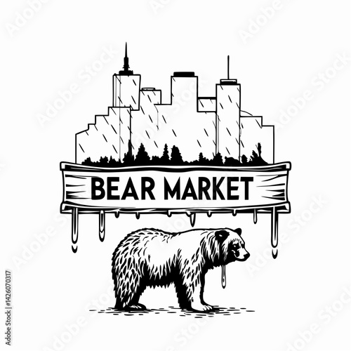 Bear market graphic representing economic downturn featuring a bear in front of a city skyline, symbolizing bearish trends in financial markets.