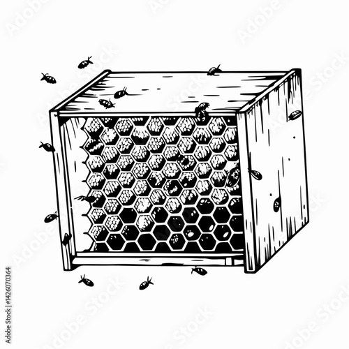 Bees buzzing around a honeycomb hive, showcasing industriousness and nature's harmony, in a rustic style representing pollination and sustainability.