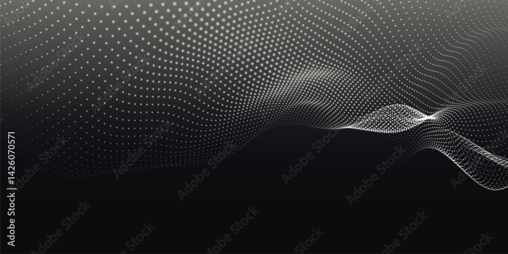 Abstract background with dynamic black and white wave. Futuristic dotted wave of bright particles on dark background. Weave effect. Background for presentation design. Wide format vector illustration. Abstract background with dynamic black and white wave. Futuristic dotted wave of bright particles on dark background. Weave effect. Background for presentation design. Wide format vector illustration.