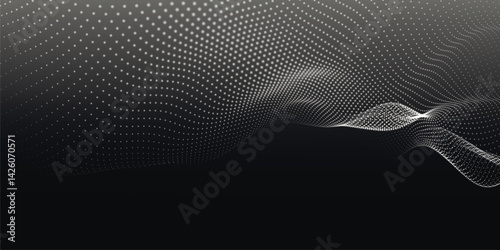 Abstract background with dynamic black and white wave. Futuristic dotted wave of bright particles on dark background. Weave effect. Background for presentation design. Wide format vector illustration.