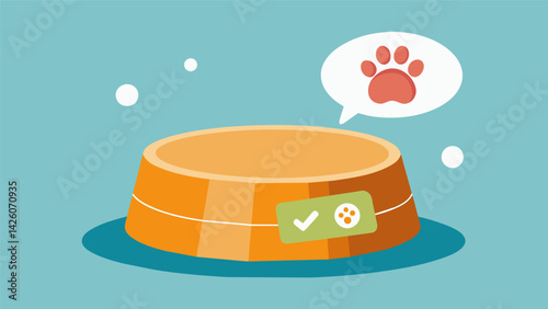 A closeup of a pets food bowl with a label indicating the recommended portion size provided by the smart feeding system.. Vector illustration