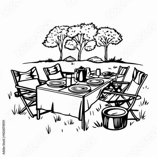 Black and white illustration of a picnic setting with empty chairs and a table surrounded by nature, symbolizing relaxation and outdoor dining.