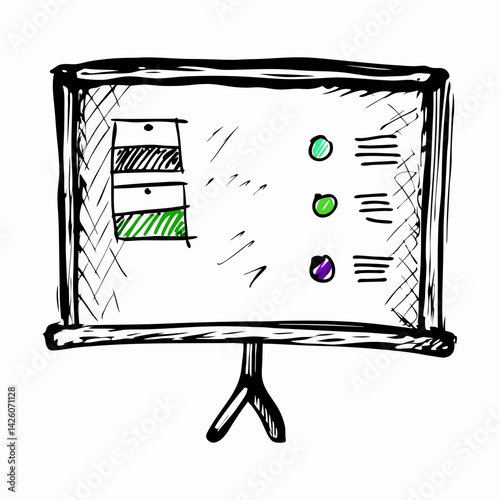 Presentation board displaying colorful charts and graphs in a sketch style, representing data analysis and business strategies.