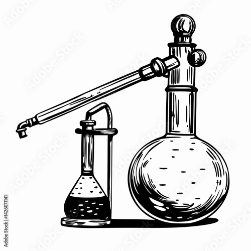 Vintage laboratory glassware set showcasing a distillation apparatus in a monochrome style, representing scientific discovery and alchemy.