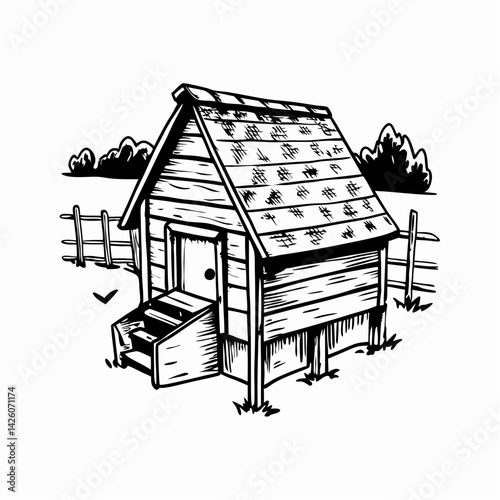 Wooden doghouse illustration depicting a cozy shelter in a rural setting surrounded by greenery, representing pet care and animal comfort.