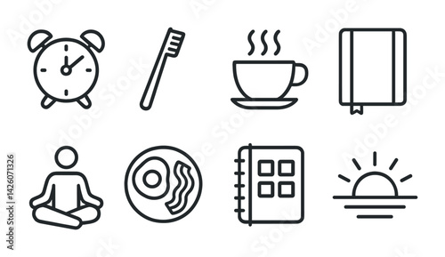 Daily routine icon set: morning essentials in linear outline style