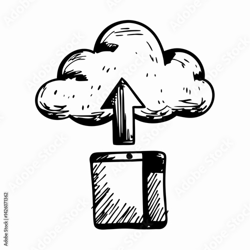 A cloud connected to a mobile phone with an upward arrow, symbolizing digital data upload, cloud storage, internet services, and network sharing

