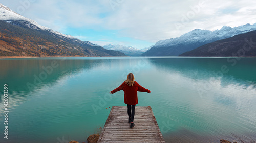 Fototapeta Naklejka Na Ścianę i Meble -  Woman in red sweater standing on wooden dock, overlooking calm teal lake and snow-capped mountains.  Represents tranquility, peace, and connection with nature.