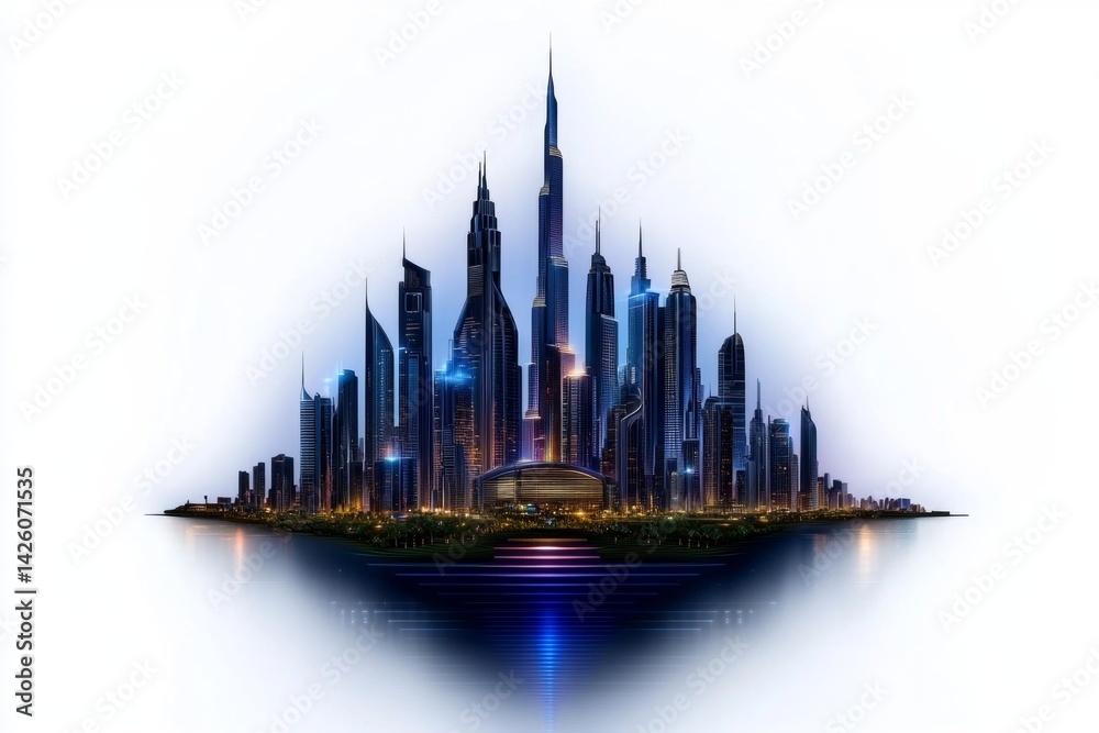 Fototapeta premium a 2D cartoon illustration of a futuristic city skyline, high-tech and innovative, white background
