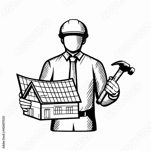 A construction worker examining blueprints and holding a hammer, symbolizing craftsmanship and dedication in building and architectural projects.