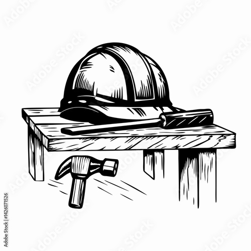 Construction helmet and tools resting on a wooden table, symbolizing safety and craftsmanship in the building industry.