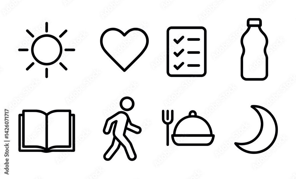 Daily routine icons set: linear style sun, heart, checklist, bottle, book, walking, meal, moon