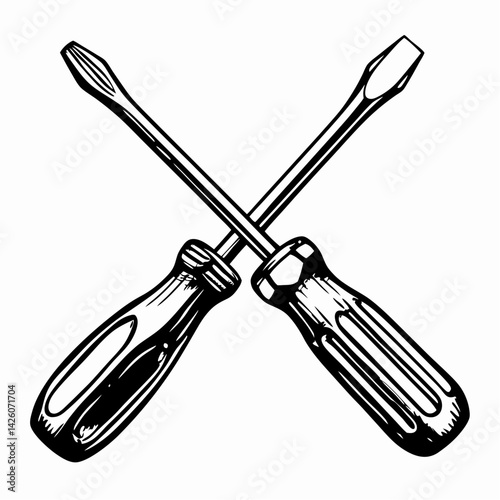 Crossed screwdrivers representing craftsmanship and tool expertise in a minimalist design, perfect for DIY projects or home improvement.