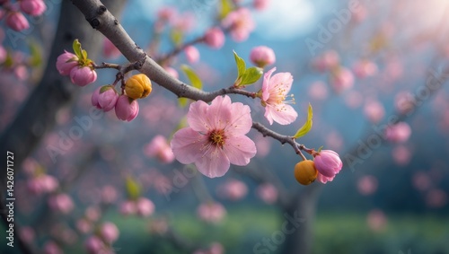 Bitter almond blossom and new pink flowers adorn the tree, with last year's fruits still on the branches; a symbol of virginity, purity, and divine art.
