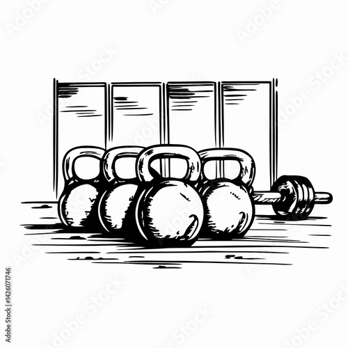 Illustration of kettlebells and a barbell lined up in a gym setting, showcasing fitness equipment for strength training and workout environments.