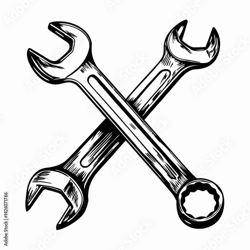 Two crossed wrenches symbolizing craftsmanship and repair, set against a simple background, representing tools and manual work.