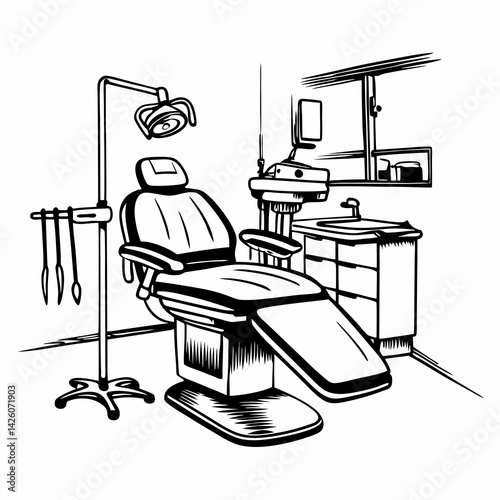 Interior of a dental clinic featuring a comfortable dental chair, dental tools, and bright lighting, representing oral health and dental care.