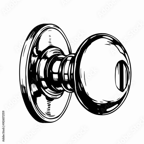 Classic Door Knob Illustration Displaying Intricate Design and Glossy Finish on a Circular Plate, Symbolizing Access and Transition in Architecture.